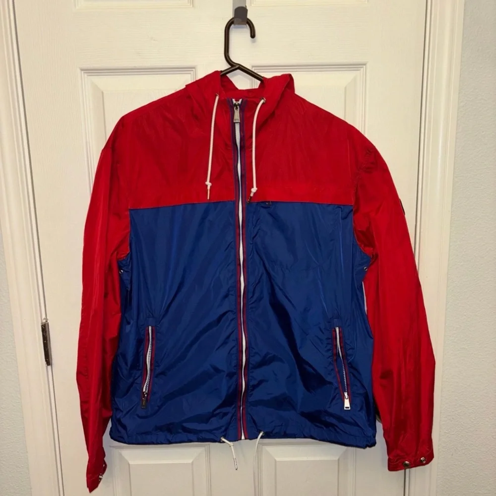 Polo Ralph Lauren Red Blue Hooded Full Zip Windbreaker Rain Winter Jacket Men L